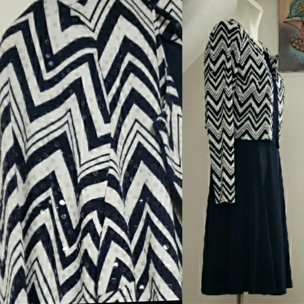 Jessica Howard Women 2 Pc Jersey Knit Navy Dress Sparkly Navy/White Jacket 8P